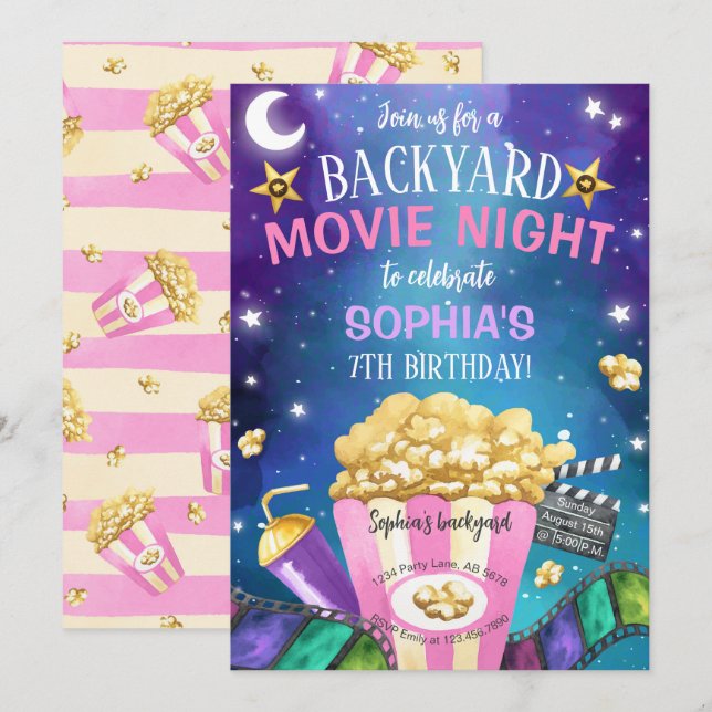Backyard Movie Night Birthday Inbjudningar (Fram/baksida)