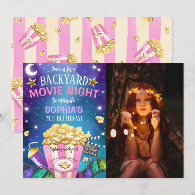 Backyard Movie Night Birthday Photo Inbjudningar (Fram/baksida)