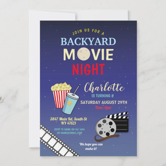Backyard Movie Night Party Birthday Popcorn Inbjudningar (Framsida)