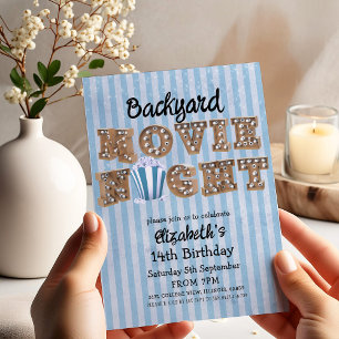 Backyard Movie Night Popcorn Marquee Ljus Party Inbjudningar