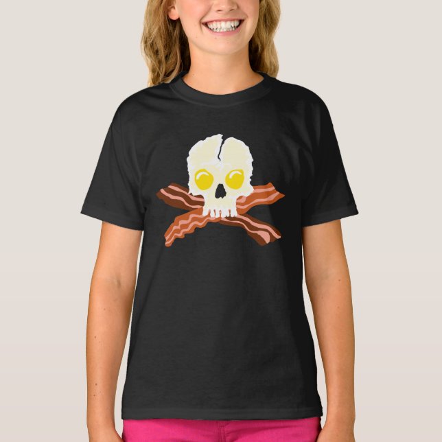 Bacon Crossbone Eggs Skull Tee Shirt (Framsida)