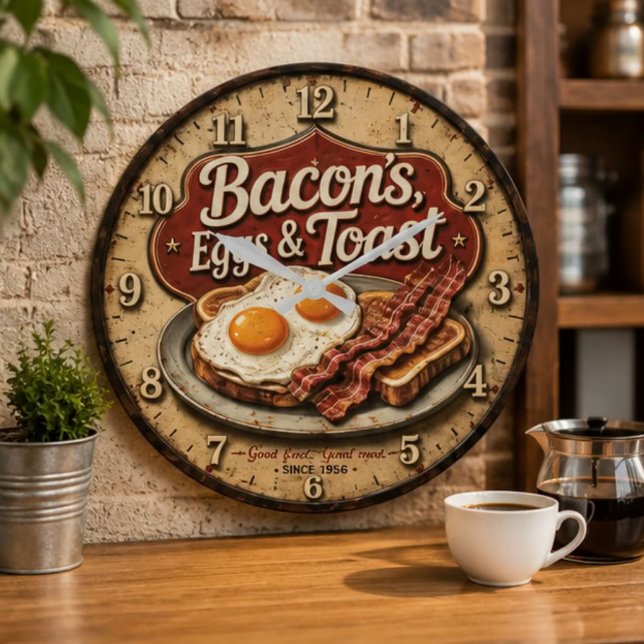 Bacon Eggs & Toast Farmhouse Breakfast Kitchen Stor Klocka (Skapare uppladdad)