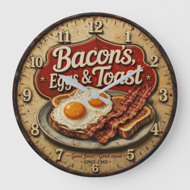 Bacon Eggs & Toast Rustic Farmhouse Kitchen Stor Klocka (Framsida)