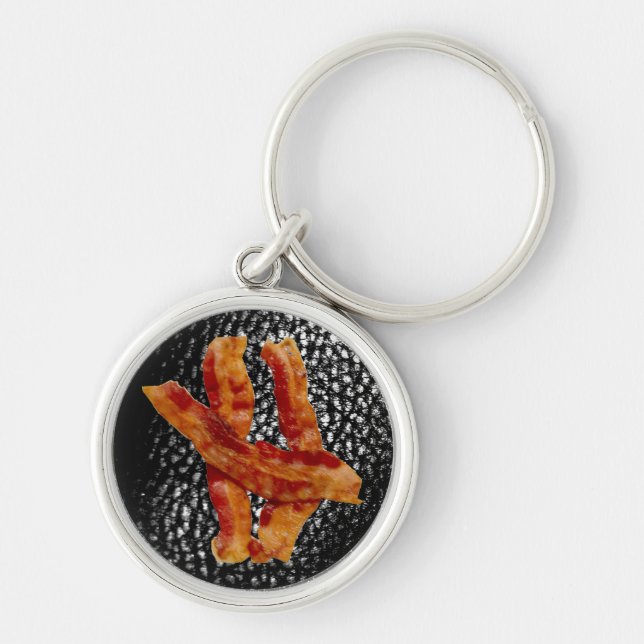 Bacon/Faux Black Leather Keychain Rund Silverfärgad Nyckelring (Framsidan)