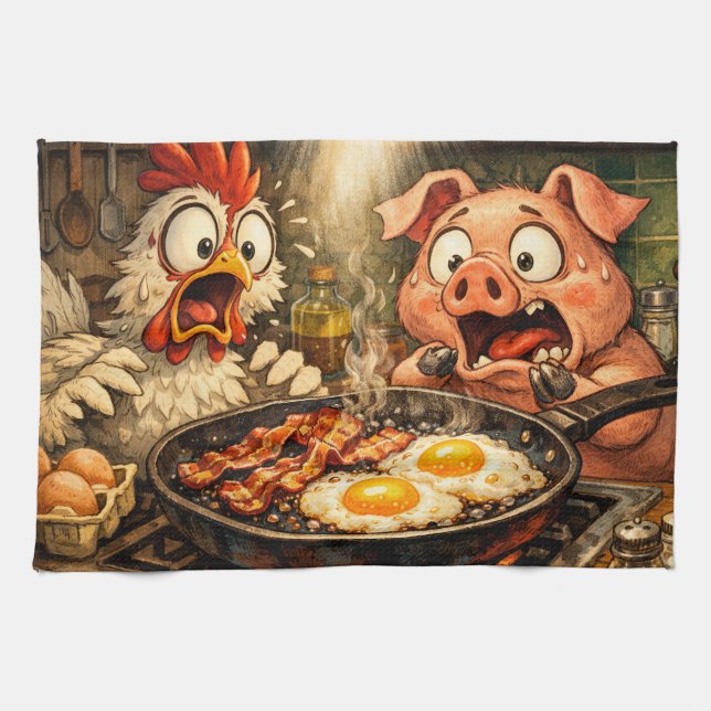 Bacon och ägg panik kökshandduk (Horisontell)