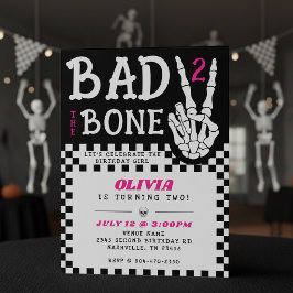 Bad 2 the Bone Skeleton Pink 2nd Birthday Party Inbjudningar
