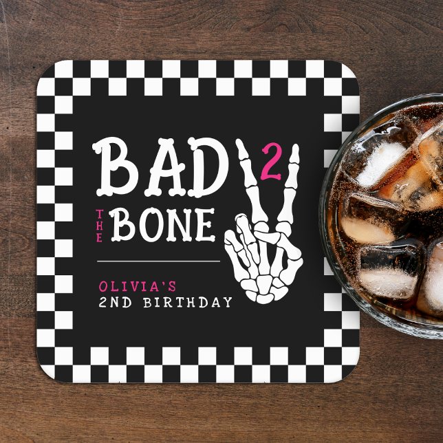 Bad 2 the Bone Skeleton Pink 2nd Birthday Party Underlägg Papper Kvadrat (Bad 2 the Bone Skeleton Pink 2nd Birthday Party Square Paper Coaster
)