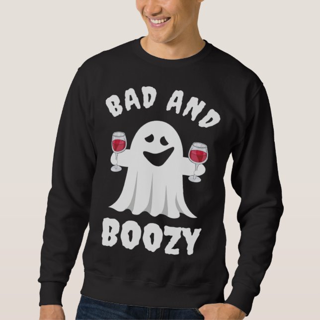 Bad And Boozy Boo Ghost Drink Wine Halloween Costu Lång Ärmad Tröja (Framsida)