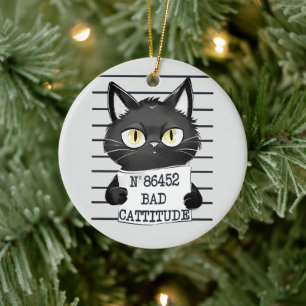 Bad Cattityd - Black Cat Mugshot Julgransprydnad Keramik