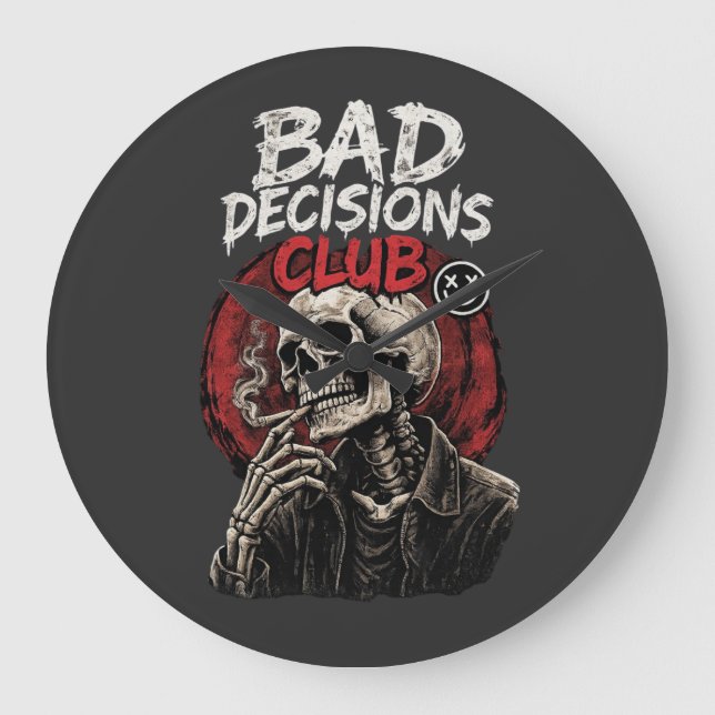 Bad Decisions Club Skeleton in Leather Jacket  Stor Klocka (Framsida)