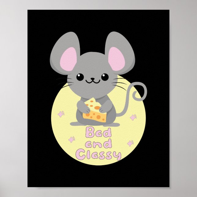 Bad och Classy Kawaii Råtta Eating Cheese Gult Poster (Framsidan)