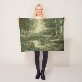 Badande i Grönt Woodland Landcape (Vintage Art) Fleecefilt