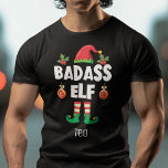 Badass elf-familjens matchande jul med namn t shirt<br><div class="desc">Gå in i helgdag med den här roligten Badass elf t-shirt, som ingår i en motsvarande familjeåterförening som innehåller gåvor till en familjemedlem. Perfekt för en återförening av julfamiljen, den här t-shirt-skjortan har en söt elfhatt och roligt ben, med texten "Badass elf" i ett vitt, modernt, versaltypsnitt. Skjortan är lätt...</div>