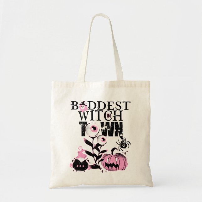 Baddest Witch i Town Halloween i skrämmande rosa Tygkasse (Framsidan)