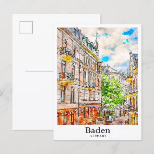 Baden Tyskland Travel Watercolor Hand plockade Vykort