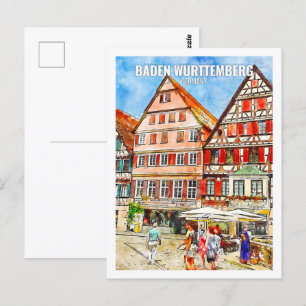 Baden Wurttemberg Tyskland Travel Ställe Watercolo Vykort