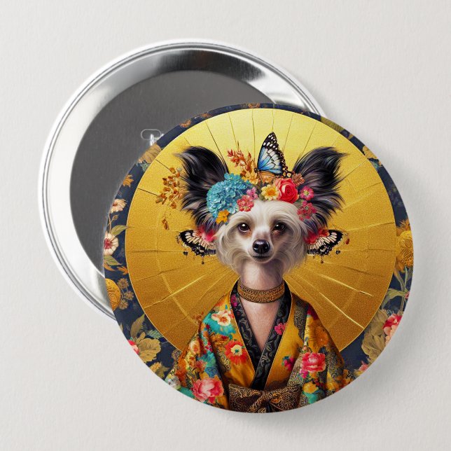 Badge Chinese Crested Hund Art Knapp (Framsida & baksida)