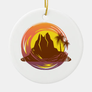 Badge med tropiska vulkanområden och handflatan tr julgransprydnad keramik
