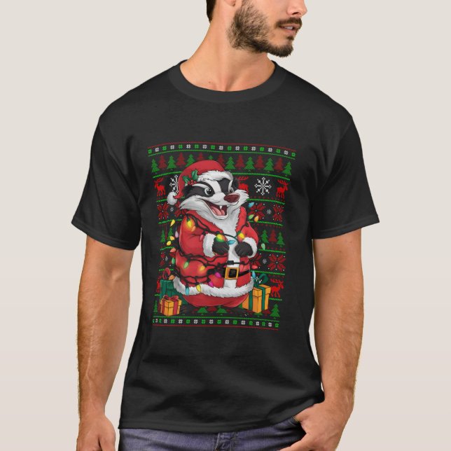 Badger Julafton Ljus Ugly Santa Badger jul T Shirt (Framsida)
