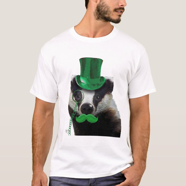 Badger med Grönt Top hat och Mustache T-shirt (Framsida)