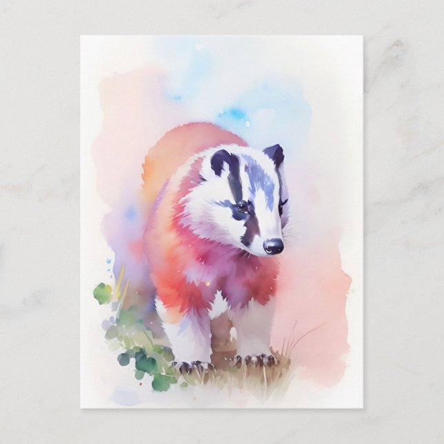 Badger Watercolor Porträtt 1 Vykort (Framsida)