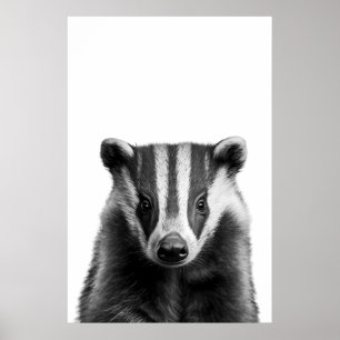 Badger Woodland Modern Porträtt svart vitt Poster