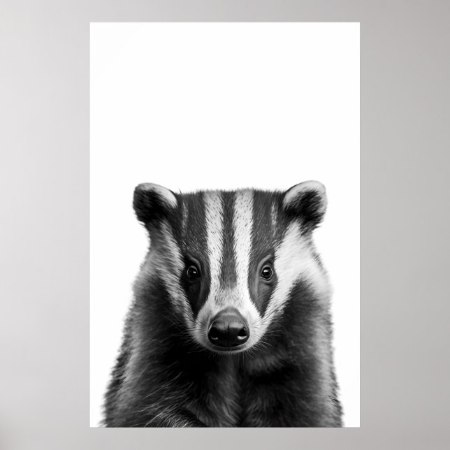 Badger Woodland Modern Porträtt svart vitt Poster (Framsidan)