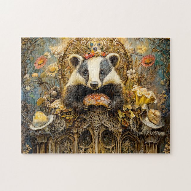 Badgers på en svampstuga Throne i en Fantasy Scene Pussel (Horisontell)