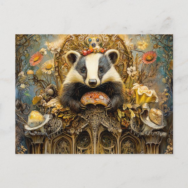 Badgers på en svampstuga Throne i en Fantasy Scene Vykort (Framsida)