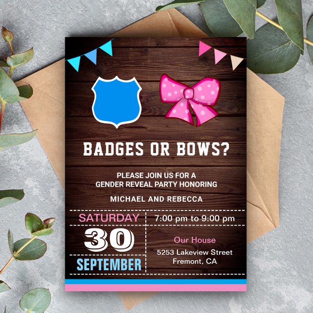 Badges eller Bows Gender Reveal Party Inbjudningar (Skapare uppladdad)