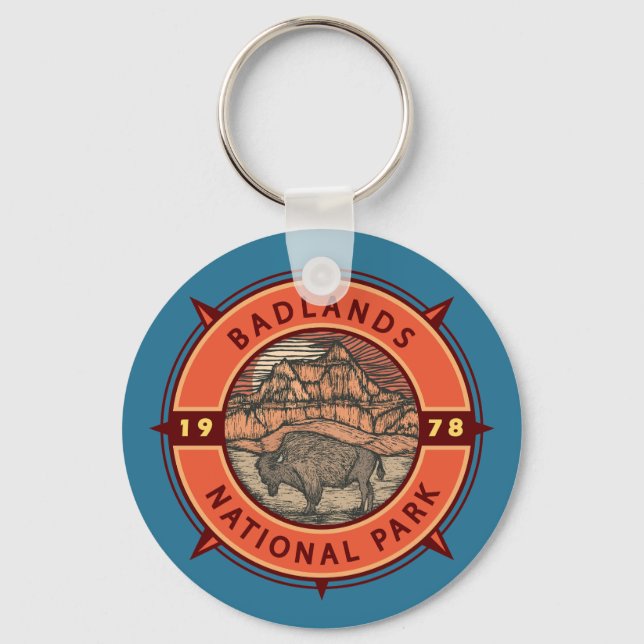Badlands nationalpark Buffalo Retro Compass Nyckelring (Framsida)