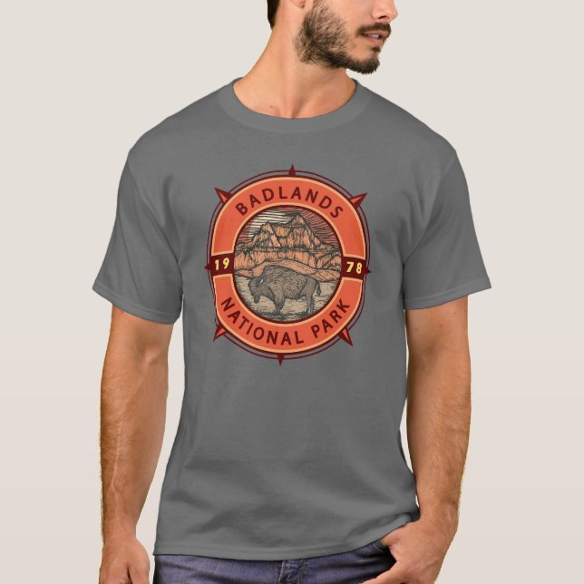Badlands nationalpark Buffalo Retro Compass T Shirt (Framsida)