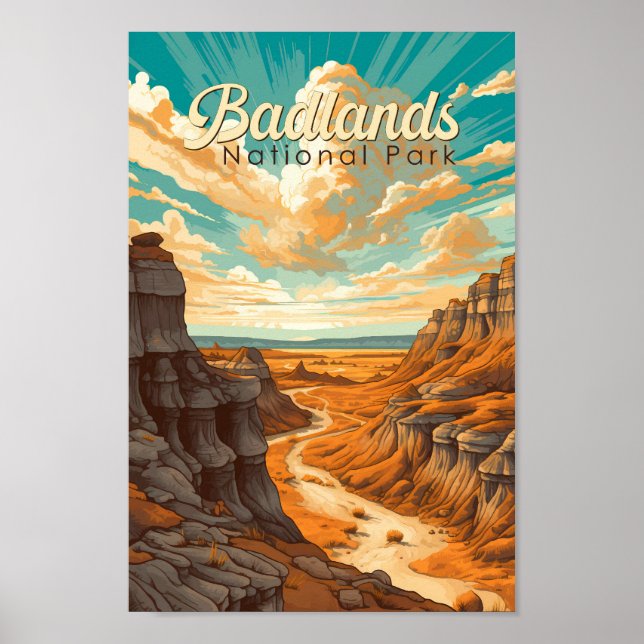 Badlands nationalpark Illustration Retro Poster (Framsidan)