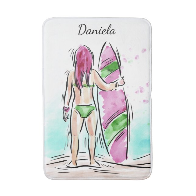 Badmattor för namn för surfareflickaanpassningsbar badrumsmatta (Framsidan (Vertikal))