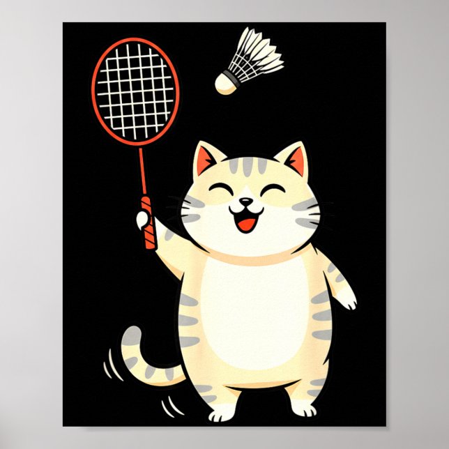 Badminton Cat Cartoon Art, Funny Cat Design For Ca Poster (Framsidan)