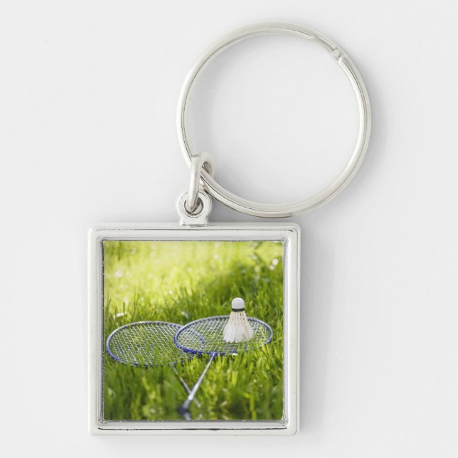 Badminton Set to Go Fyrkantig Silverfärgad Nyckelring (Framsidan)