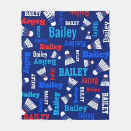 Badminton-skyttlar vita, blå, röda namn fleecefilt