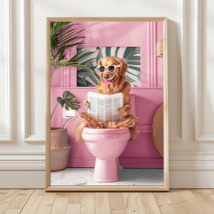 Badrum Golden Retriever Läsande på Toalett Tryck, Poster