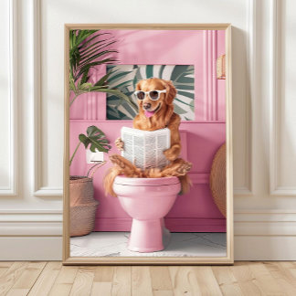 Badrum Golden Retriever Läsande på Toalett Tryck, Poster