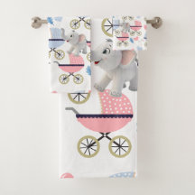 Badrum Handdukar Set Barnvagn Elefant Rosa