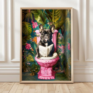 Badrum Svart fransk bulldogg läser på toaletten Pr Poster