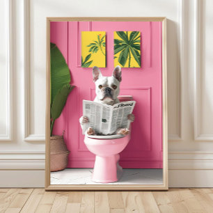 Badrum Vit Fransk Bulldog Läsande på Toaletten Pr Poster