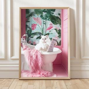 Badrum Vit Katt i Badkar Tryck, Rolig Affisch, Poster