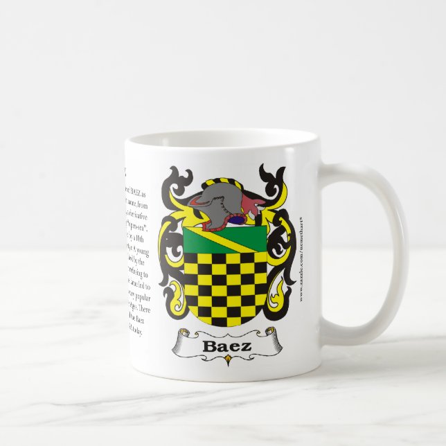Baez, ursprung som, är menande och vapenskölden på kaffemugg (Höger)