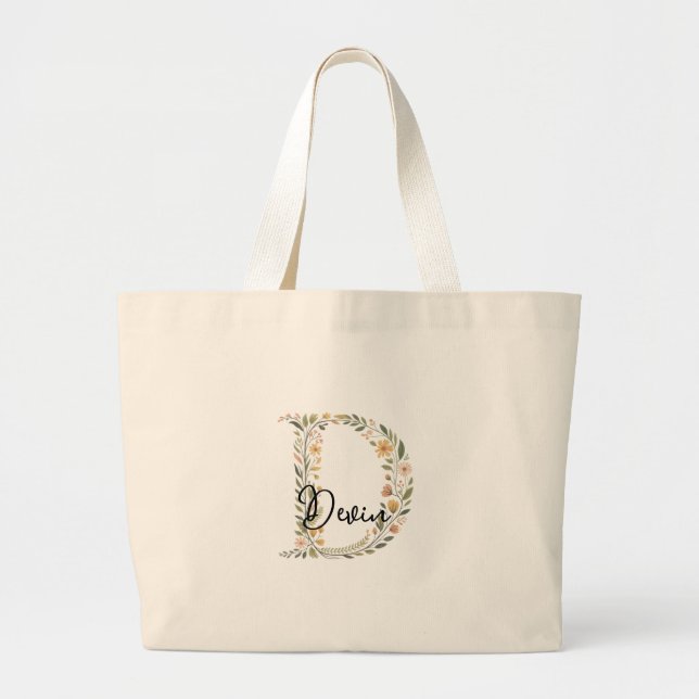 Bag för illustrerad Blommigt initial och Namn Tote Jumbo Tygkasse (Framsidan)