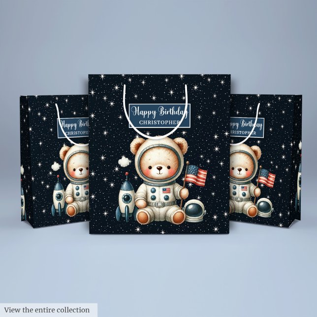 Bag för späda astronautplåster för Födelsedagsfest (Cute Astronaut Bear Gift Bag for Birthday Party)
