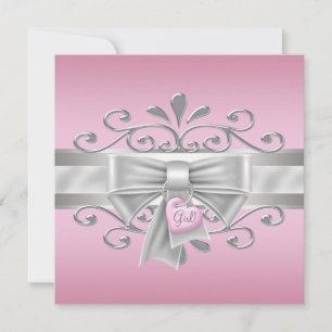 Båg hjärta charm rosa silver babyflicka shower inbjudningar