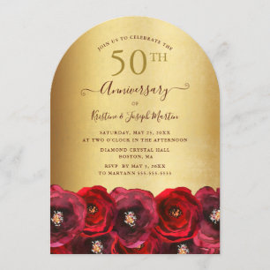Båg Röd Ros Blommig Guld 50-årsjubileumsparty Inbjudningar