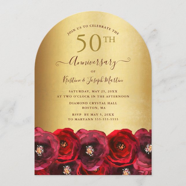 Båg Röd Ros Blommig Guld 50-årsjubileumsparty Inbjudningar (Framsida)