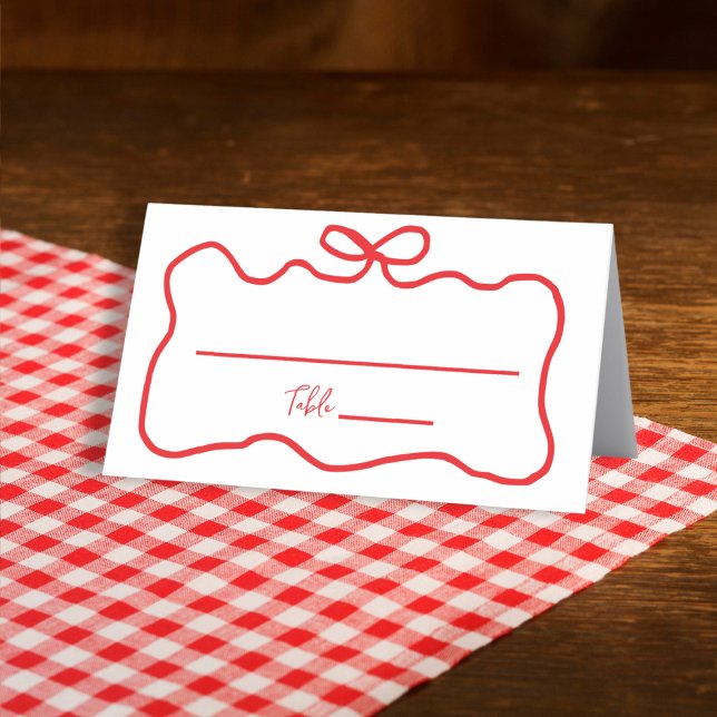 Båg Röda Handritade Vågiga Bröllopsdusch Placeringskort (Bow Red Hand Drawn Wavy Bridal Shower Place Card)